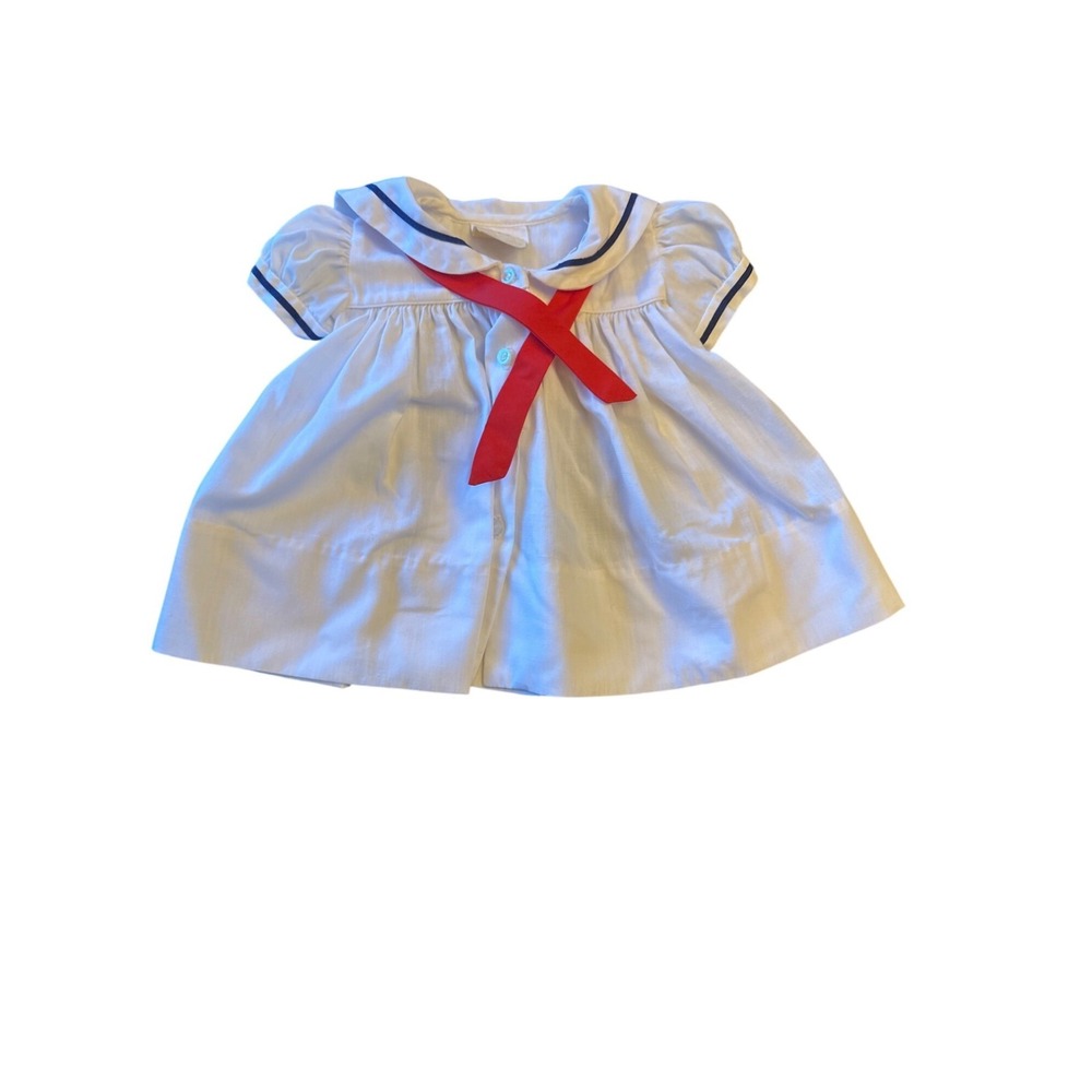 White Girls' Sailor Collar Dress with Red Bow